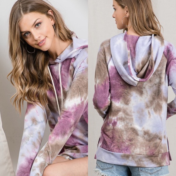 Fall Pullover Tie Dye Hoodie Tops Purple Taupe Comfy Tops - Picture 2 of 9